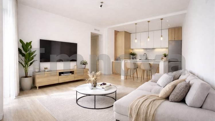 Render soggiorno con angolo cottura